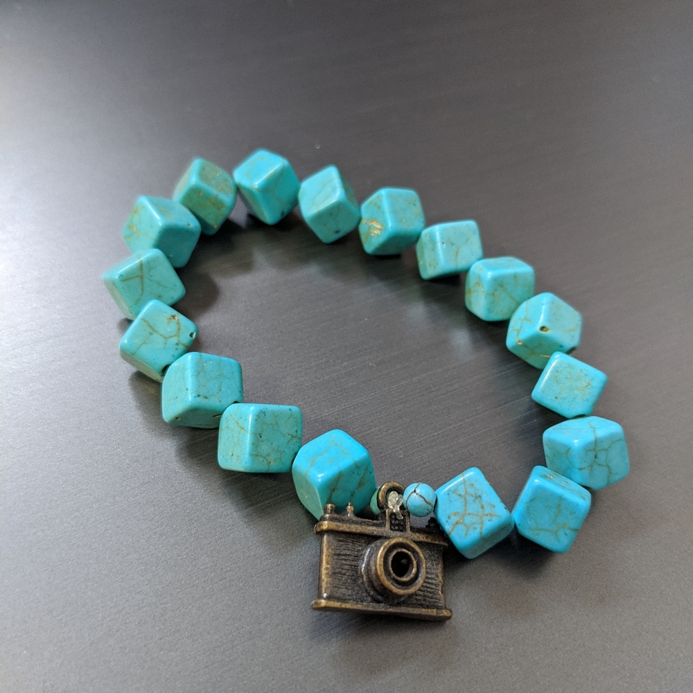 Blue Beaded Bracelet with Vintage Camera Charm
